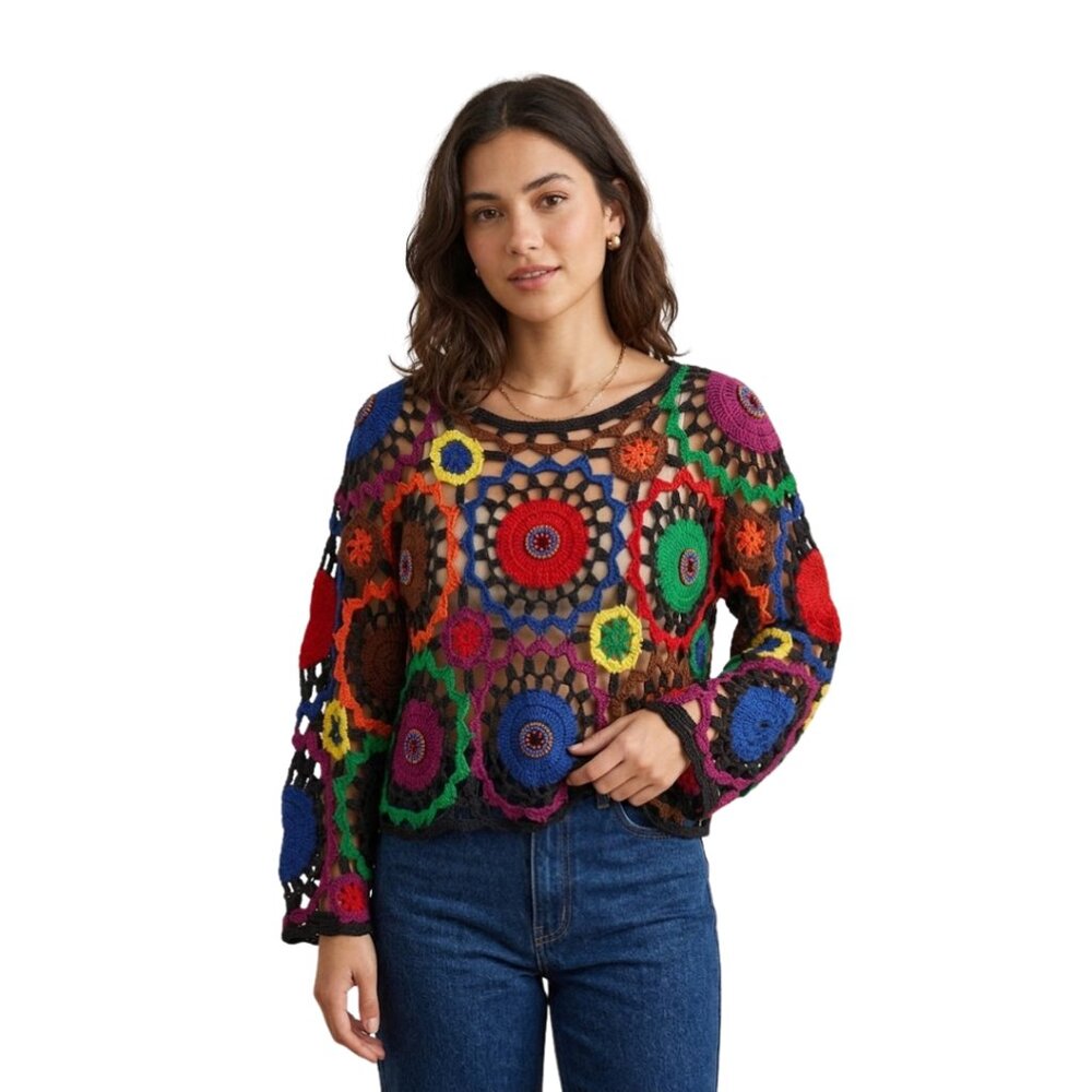 Vintage Handknit Granny Circle Mandala Crochet Sweater Boho Retro Beaded Bright
